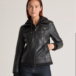 Quince 100% Leather Jacket with Hood Moto Biker Black Women's size XS